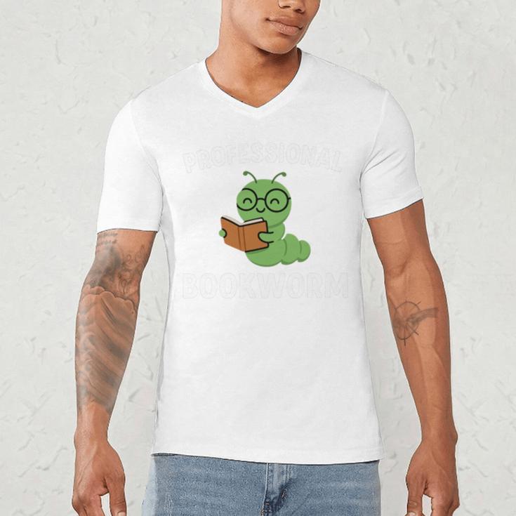 Professional Bookworm Reading Lover Cute Worm Glasses Book Men's V-Neck T-Shirt