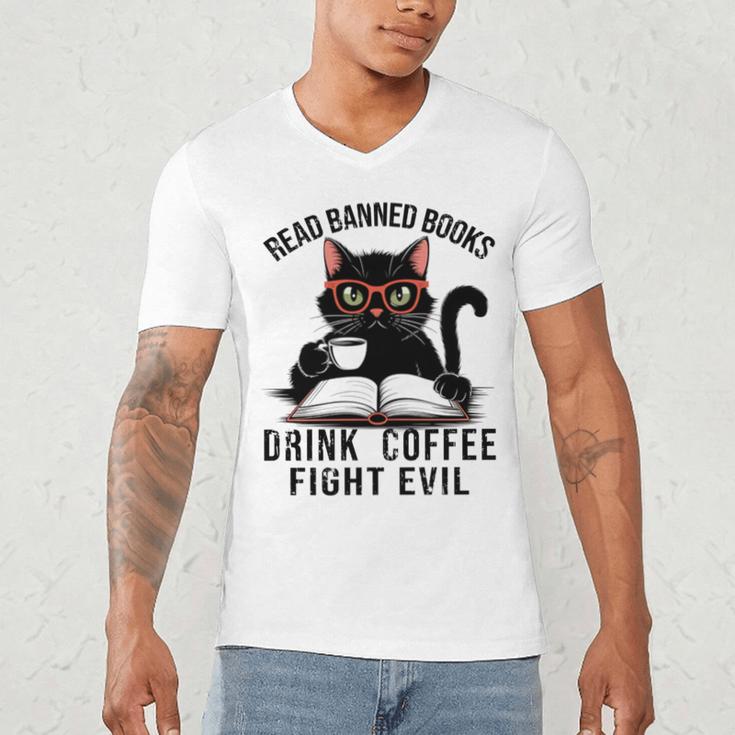 Read Banned Books Drink Coffee Fight Evil Retro Cat Men's V-Neck T-Shirt