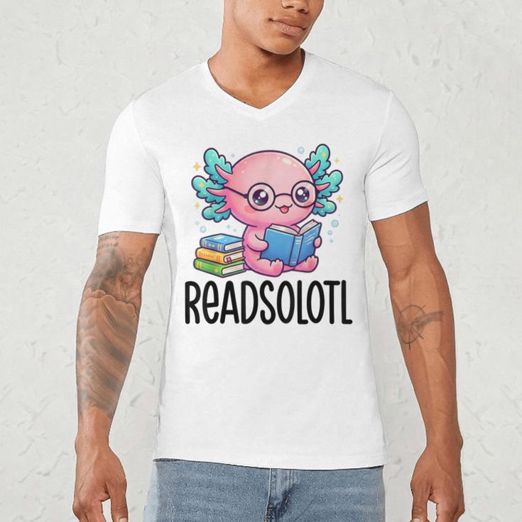 Readsolotl Cute Axolotl Reading Book Kawaii Pink Aesthetic Men's V-Neck T-Shirt