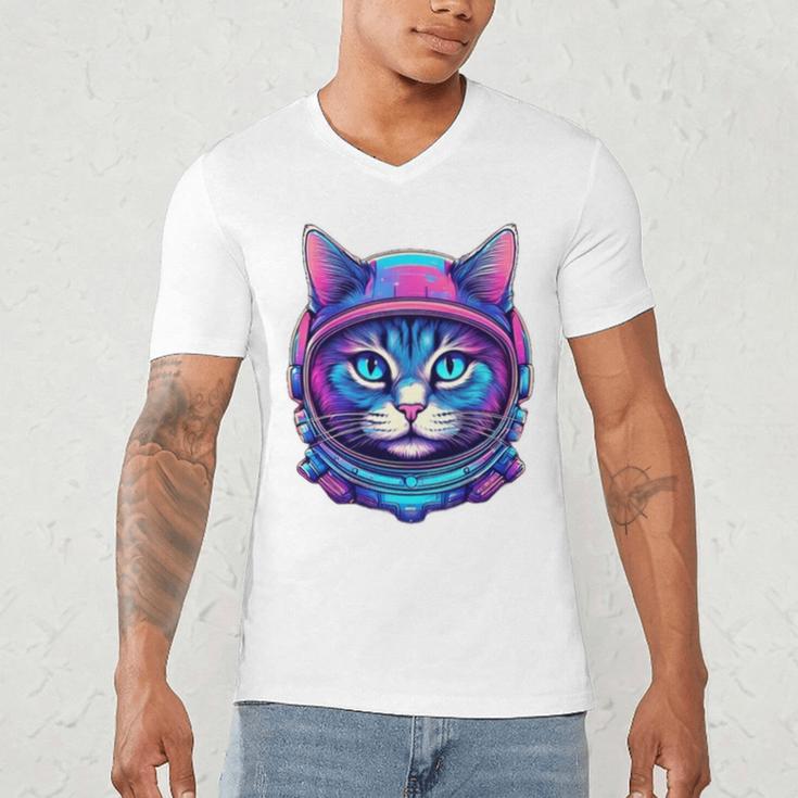 Retro 80s Cat In Space Suit Nostalgia Cat Vintage Astronaut Men's V-Neck T-Shirt