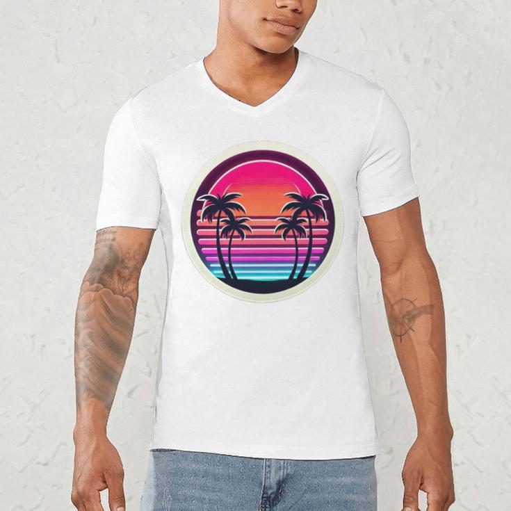 Retro 80s Synthwave Sunset & Palm Trees Retro Nostalgia 80s Men's V-Neck T-Shirt