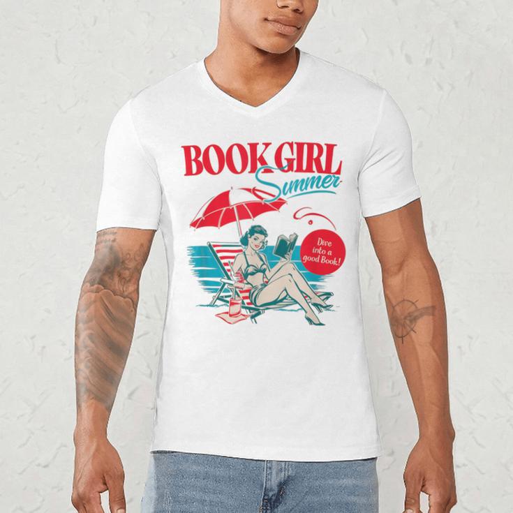 Retro Book Girl Summer For Women Beach Reading Men's V-Neck T-Shirt
