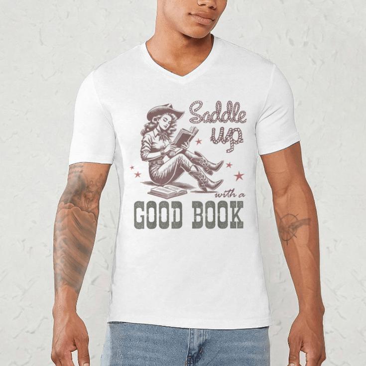 Retro Cowgirl ReadingTee Saddle Up With A Good Book Western Men's V-Neck T-Shirt