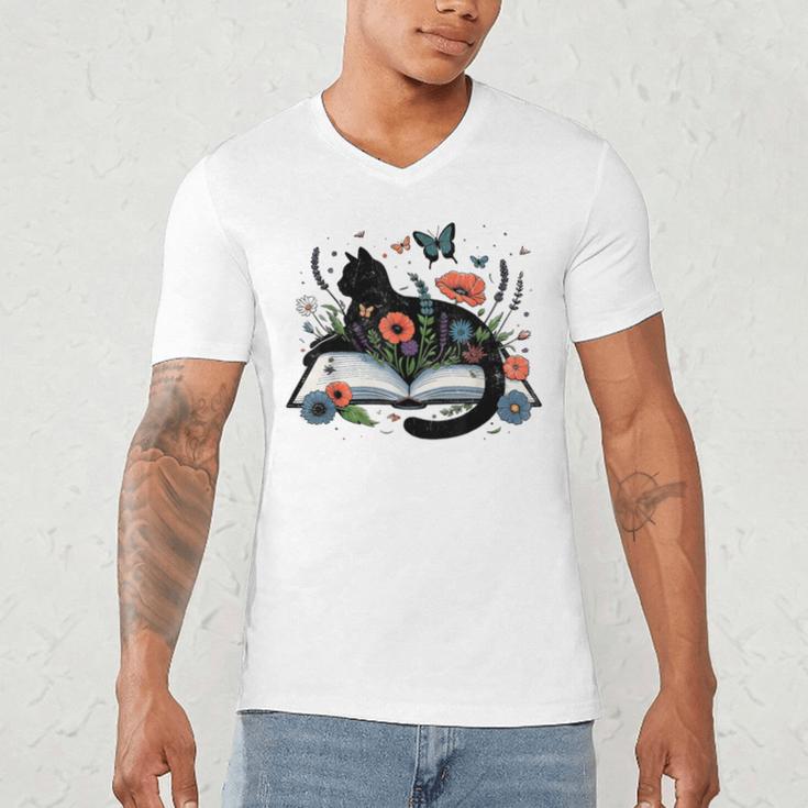 Retro Cute Cat Floral Book Librarian Vintage Floral Cat Book Men's V-Neck T-Shirt Retro Cute Cat Floral Book Librarian Vintage Floral Cat Book Men's V-Neck T-Shirt