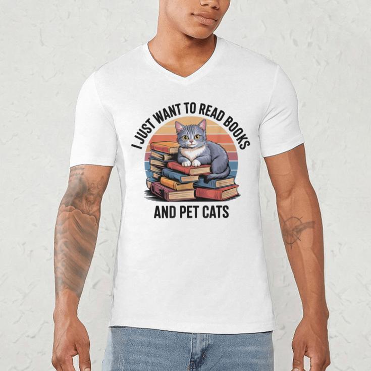 Retro I Just Want To Read Books And Pet Cats Cat Men's V-Neck T-Shirt