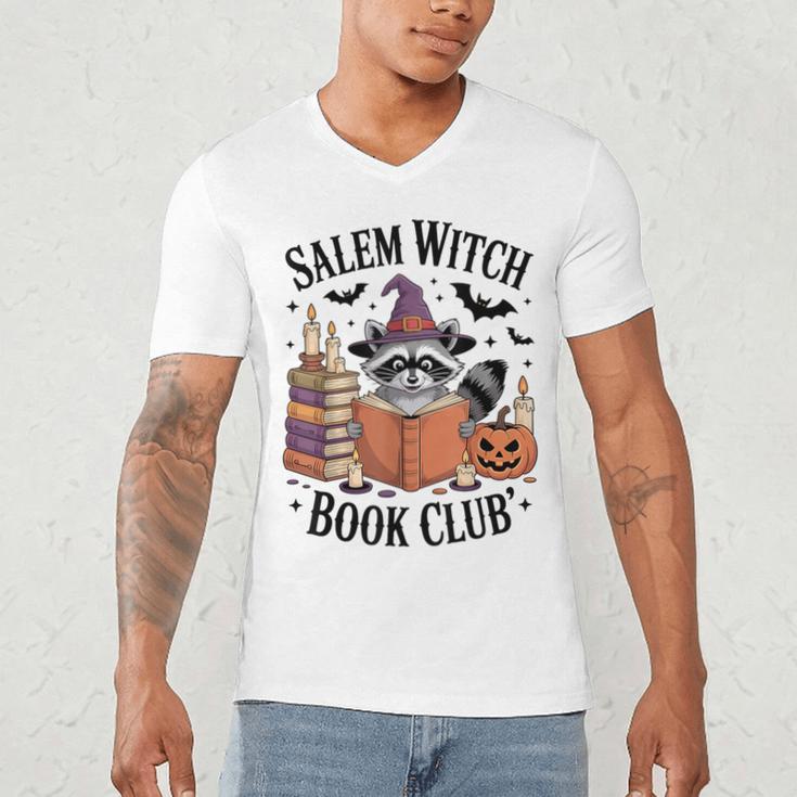 Salem WItch Book Club Halloween Raccoon Witch Reading Book Men's V-Neck T-Shirt