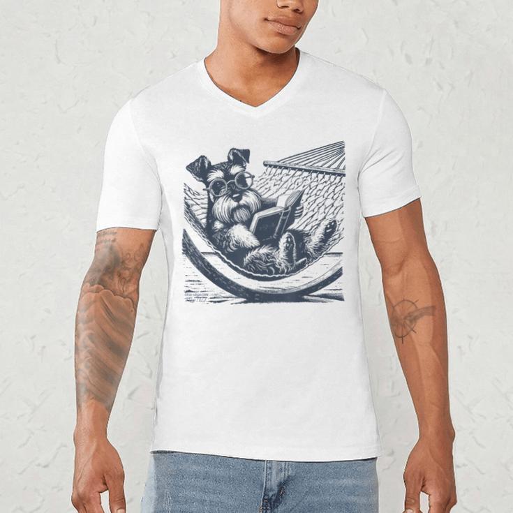 Schnauzer Hammock Reading Book Schnauzer Glasses Men's V-Neck T-Shirt