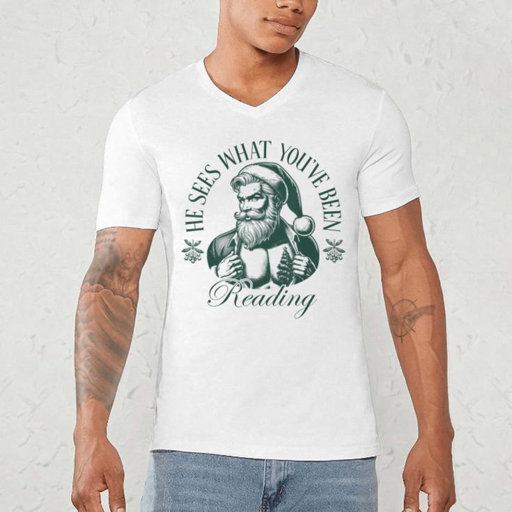 He Sees What You'Ve Been Reading Bookish Christmas Men's V-Neck T-Shirt He Sees What You'Ve Been Reading Bookish Christmas Men's V-Neck T-Shirt