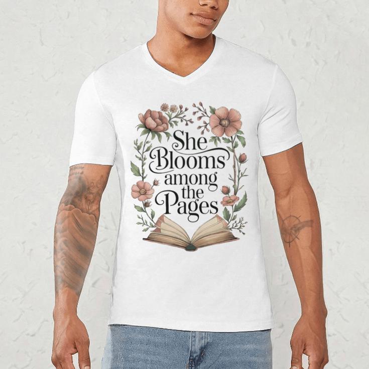 She Blooms Among The Pages Women Mom Wife Floral Book Lover Premium Tri-Blend Men's V-Neck T-Shirt She Blooms Among The Pages Women Mom Wife Floral Book Lover Premium Tri-Blend Men's V-Neck T-Shirt