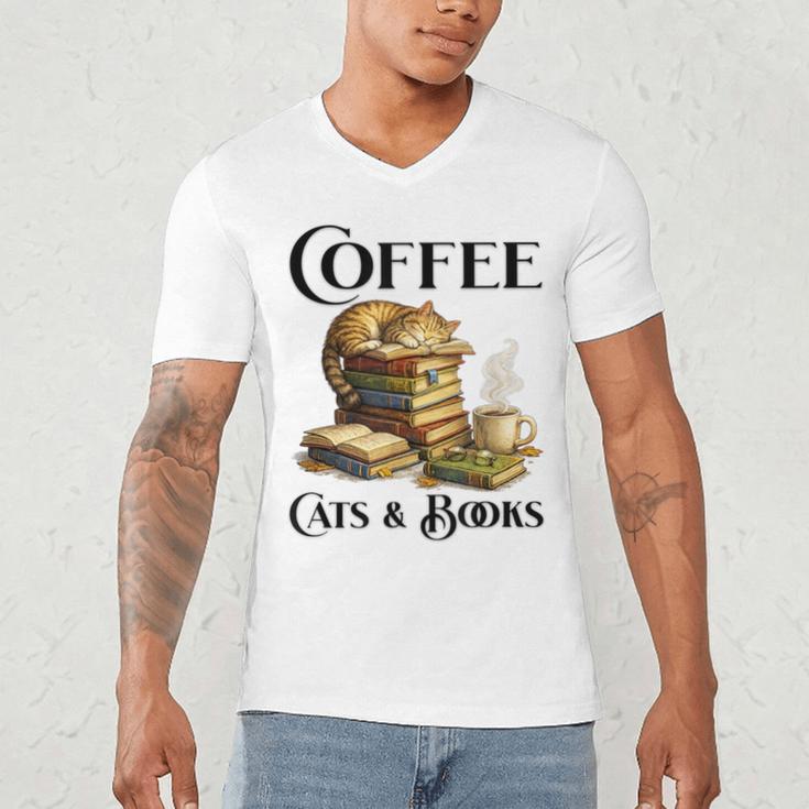 Sleeping Cat And Books With Coffee Lover Men's V-Neck T-Shirt Sleeping Cat And Books With Coffee Lover Men's V-Neck T-Shirt