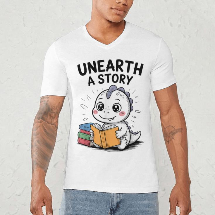 Unearth a Story Cute Dinosaur Summer Reading 2026 Dino Book Men's V-Neck T-Shirt Unearth a Story Cute Dinosaur Summer Reading 2026 Dino Book Men's V-Neck T-Shirt