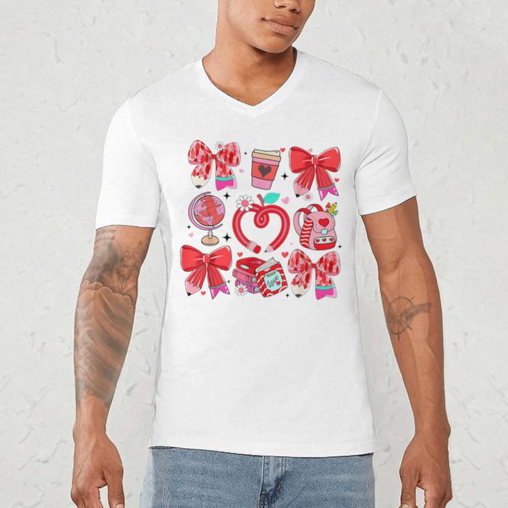 Valentine Teacher Coquette Bow Pencil Heart Book Girl Women Men's V-Neck T-Shirt Valentine Teacher Coquette Bow Pencil Heart Book Girl Women Men's V-Neck T-Shirt
