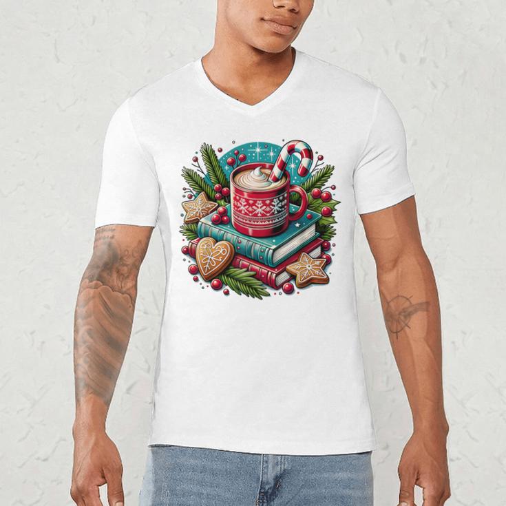 Vintage Cozy Winter Hot Cocoa Books Gingerbread Book Lovers Men's V-Neck T-Shirt