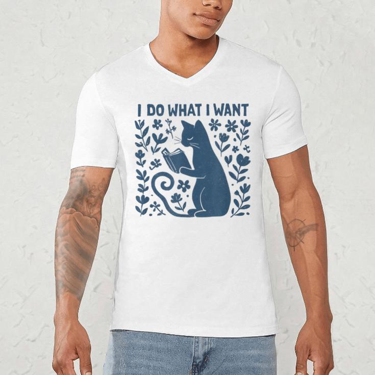 I Do What I Want Cat Reading Book Boho Flowers Vintage Men's V-Neck T-Shirt