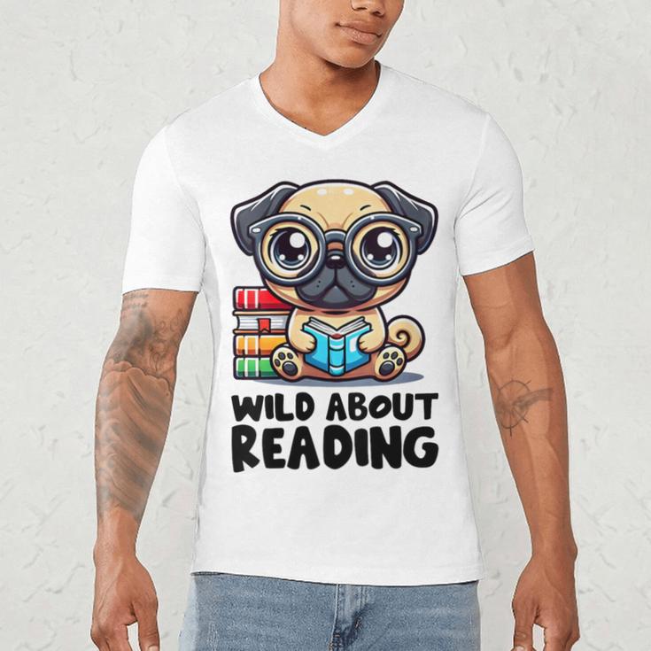 Wild About Reading Book Lover Pug Dog Men's V-Neck T-Shirt