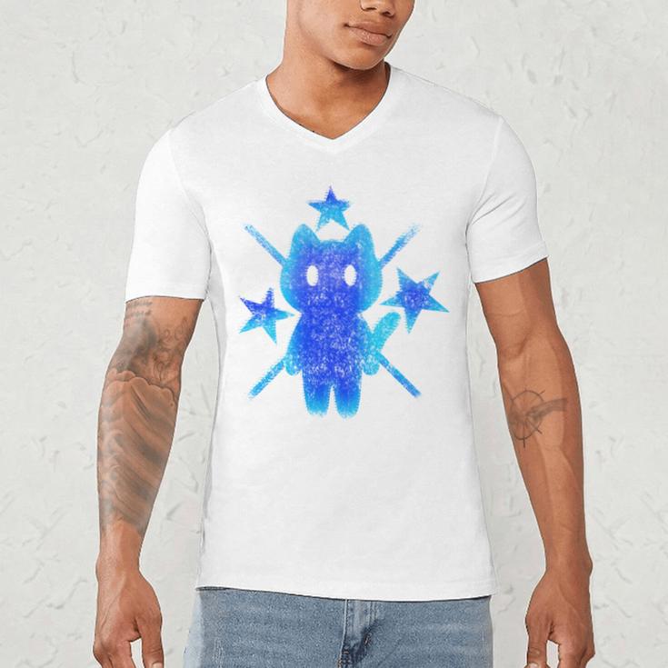 Yk2 Grunge Earthy Blue Cat With Stars Tomboy 90s Nostalgia Men's V-Neck T-Shirt Yk2 Grunge Earthy Blue Cat With Stars Tomboy 90s Nostalgia Men's V-Neck T-Shirt