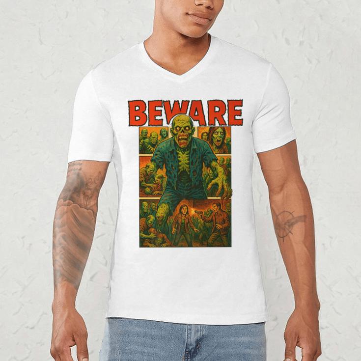 Zombie Tee Horror Movie Poster Vintage Comic Book Graphic Premium Men's V-Neck T-Shirt