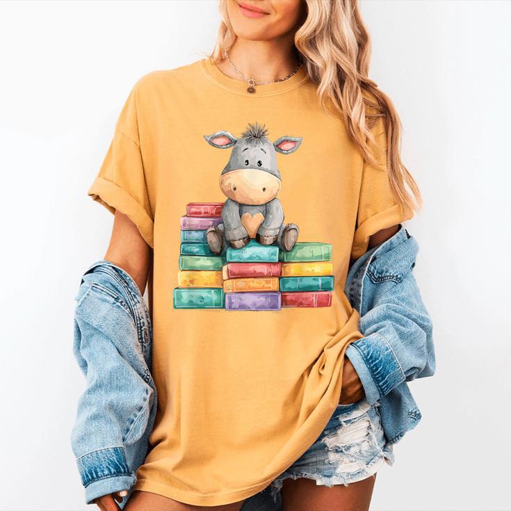 Adorable Donkey With Heart Sitting On Colorful Book Stack Women's Comfort Colors T-Shirt Adorable Donkey With Heart Sitting On Colorful Book Stack Women's Comfort Colors T-Shirt