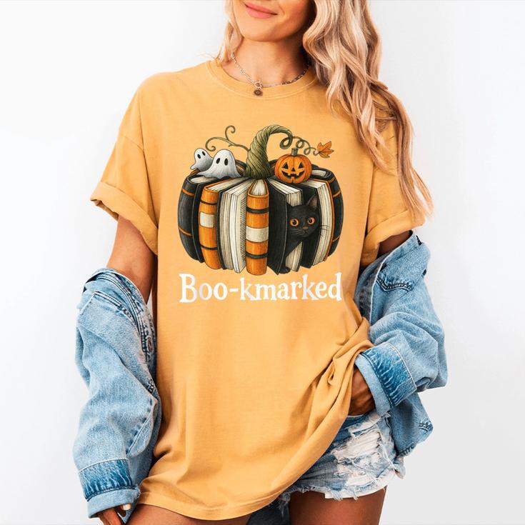 Boo-Kmarked Fall Pumpkin Books Halloween Teacher Teaching Women's Comfort Colors T-Shirt Boo-Kmarked Fall Pumpkin Books Halloween Teacher Teaching Women's Comfort Colors T-Shirt