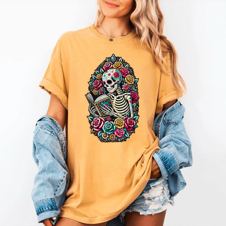 Book Lover Skeleton Reading With Dia De Los Muertos Flowers Women's Comfort Colors T-Shirt Book Lover Skeleton Reading With Dia De Los Muertos Flowers Women's Comfort Colors T-Shirt