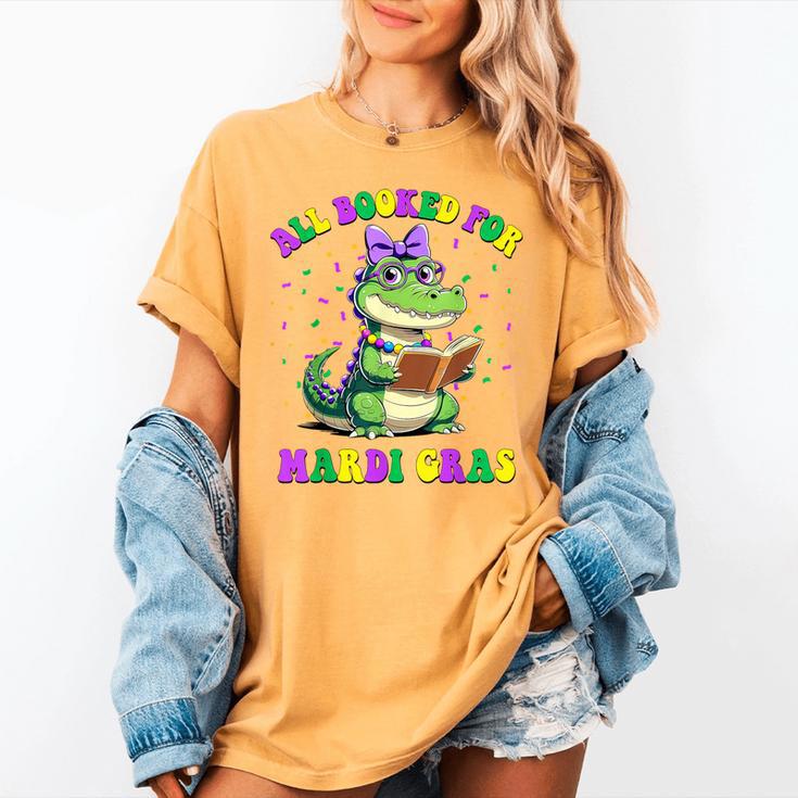 All Booked For Mardi Gras Crocodile Reading Book Teacher Women's Comfort Colors T-Shirt