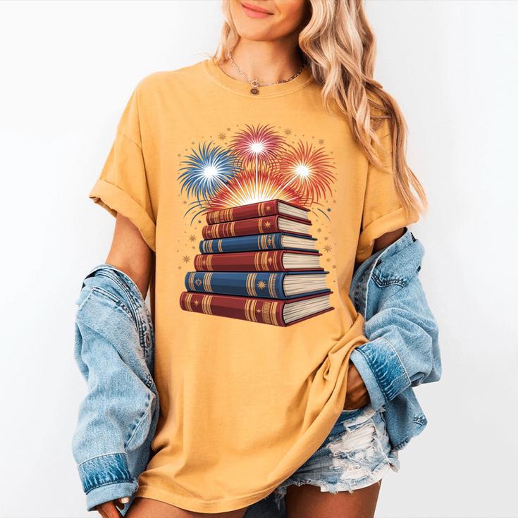Books Fireworks 4th Of July Bookworm Patriotic Reader Women's Comfort Colors T-Shirt