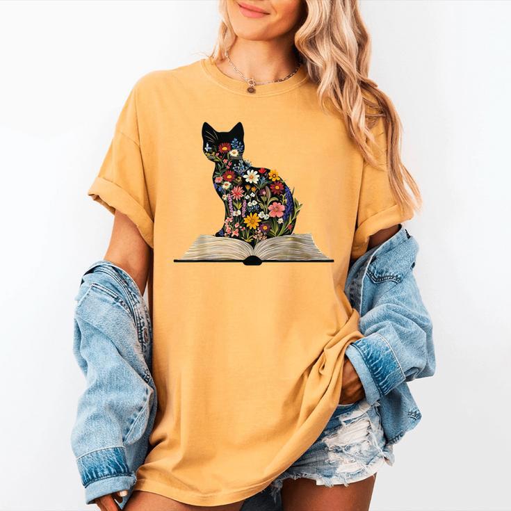 Cat Book Flowers Women's Comfort Colors T-Shirt