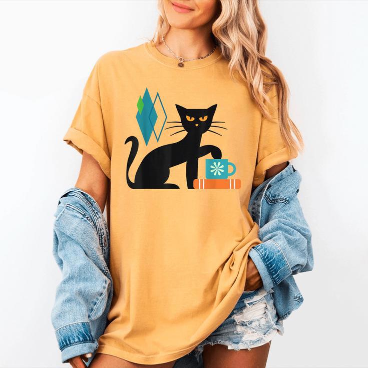 Cat Midcentury With Book And Coffee Atomic Age Mid Century Women's Comfort Colors T-Shirt Cat Midcentury With Book And Coffee Atomic Age Mid Century Women's Comfort Colors T-Shirt