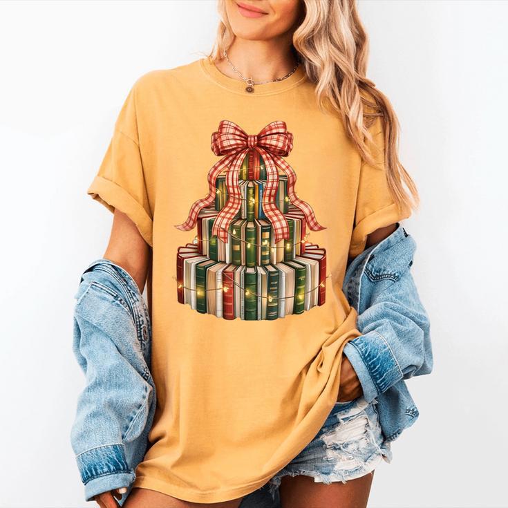 Coquette Christmas Book Tree Xmas Lights Librarian Teacher Women's Comfort Colors T-Shirt