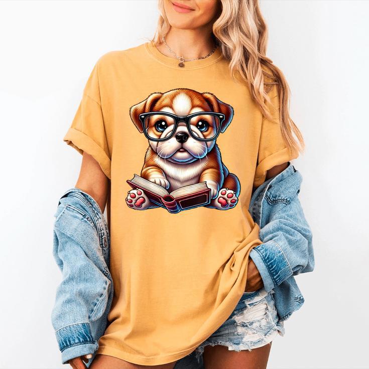 Cute Dog Puppy English Bulldog Reading Book Women's Comfort Colors T-Shirt