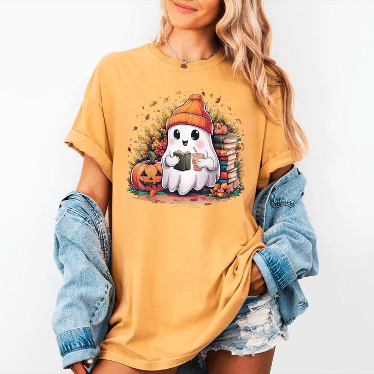 Cute Ghost Drinking Coffee Halloween Reading Book Retro Women's Comfort Colors T-Shirt Cute Ghost Drinking Coffee Halloween Reading Book Retro Women's Comfort Colors T-Shirt