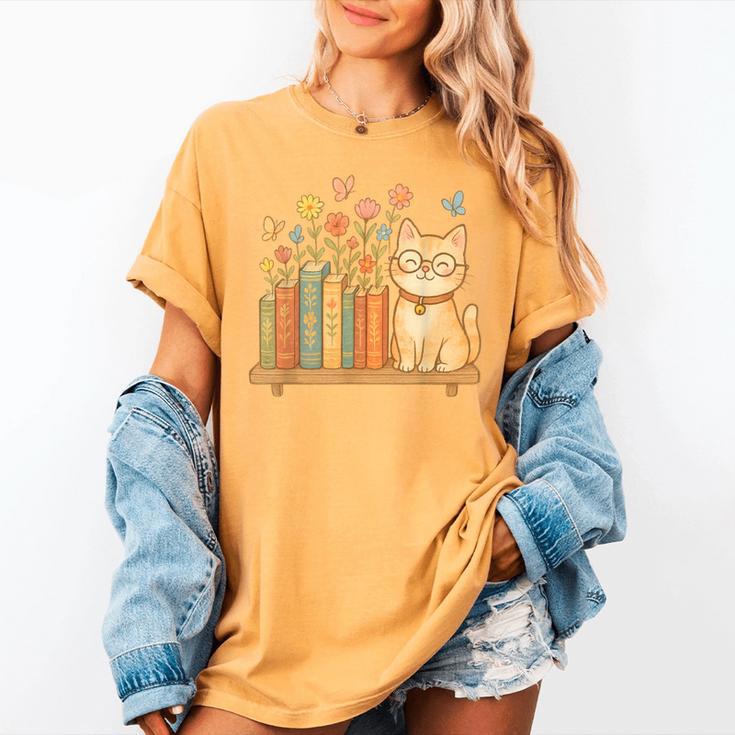 Cute Kawaii Cat Books Flowers Women's Comfort Colors T-Shirt Cute Kawaii Cat Books Flowers Women's Comfort Colors T-Shirt