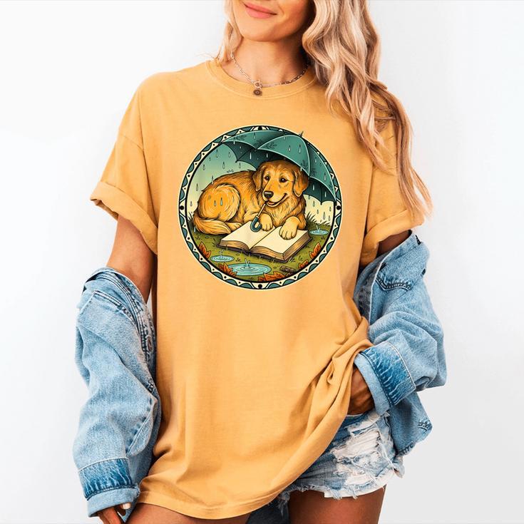 Dog Reading Book Rain Cozy Umbrella Cute Art Men Women's Comfort Colors T-Shirt Dog Reading Book Rain Cozy Umbrella Cute Art Men Women's Comfort Colors T-Shirt