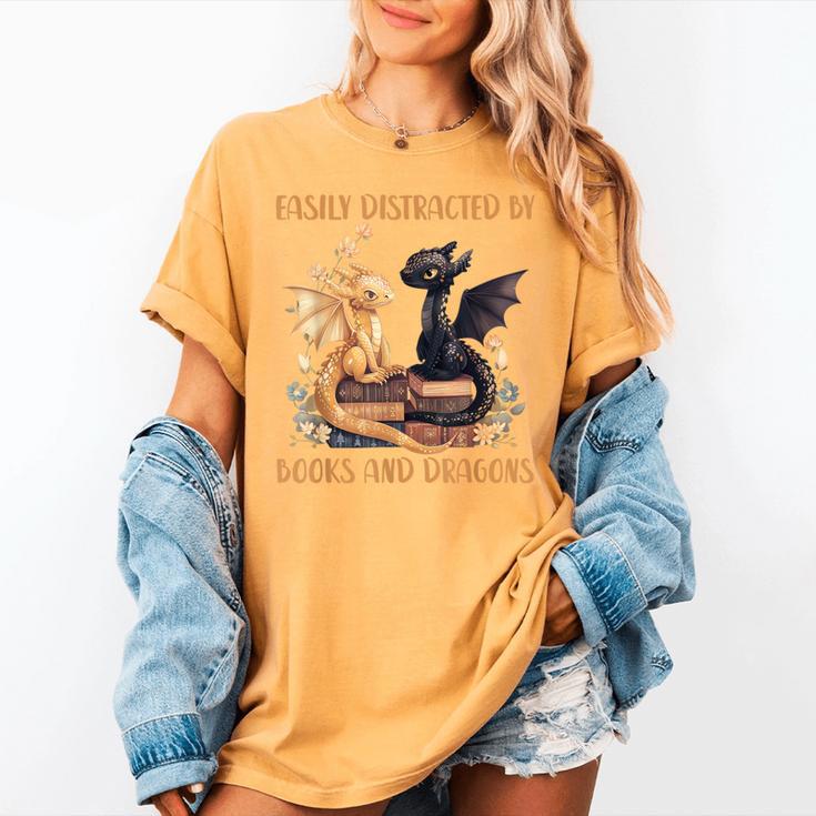 Easily Distracted By Books & Dragons Librarian Book Lover Women's Comfort Colors T-Shirt Easily Distracted By Books & Dragons Librarian Book Lover Women's Comfort Colors T-Shirt