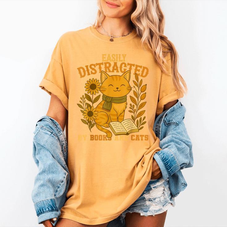 Easily Distracted By Cats And Books Cute Cat Book Lover Women's Comfort Colors T-Shirt