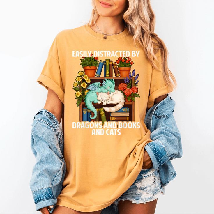 Easily Distracted By Dragons Books Cats Fantasy Book Lover Women's Comfort Colors T-Shirt Easily Distracted By Dragons Books Cats Fantasy Book Lover Women's Comfort Colors T-Shirt