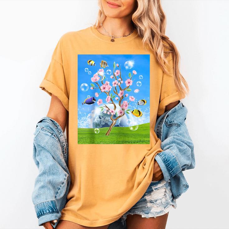 Frutiger Aero Aesthetic Tech Cherry Blossom Fishes Bubbles Raglan Baseball Tee Women's Comfort Colors T-Shirt