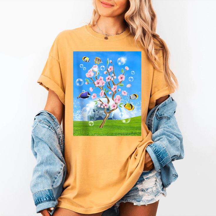 Frutiger Aero Aesthetic Tech Cherry Blossom Fishes Bubbles Women's Comfort Colors T-Shirt