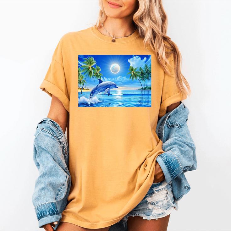Frutiger Aero Dolphin Sunset Ocean With Palm Trees Y2k Premium Women's Comfort Colors T-Shirt