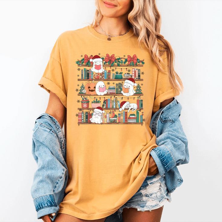 Ghost Christmas Reading Book Lover Library Christmas Teacher Women's Comfort Colors T-Shirt Ghost Christmas Reading Book Lover Library Christmas Teacher Women's Comfort Colors T-Shirt