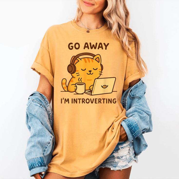 Go Away I'm Introverting Cozy Cat With Laptop And Coffee Women's Comfort Colors T-Shirt