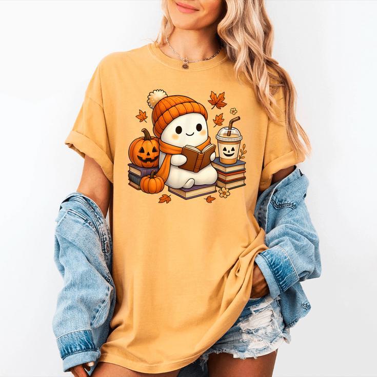 Halloween Ghost Reading Book Lovers Coffee Girl Women Women's Comfort Colors T-Shirt Halloween Ghost Reading Book Lovers Coffee Girl Women Women's Comfort Colors T-Shirt