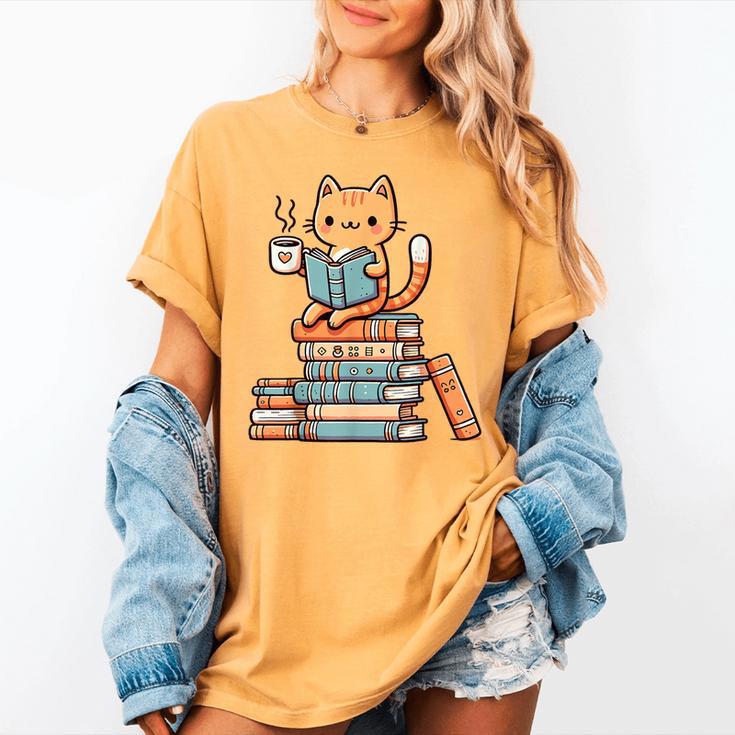 Kawaii Cat Coffee Books Teacher Men Women Girls Kids Women's Comfort Colors T-Shirt