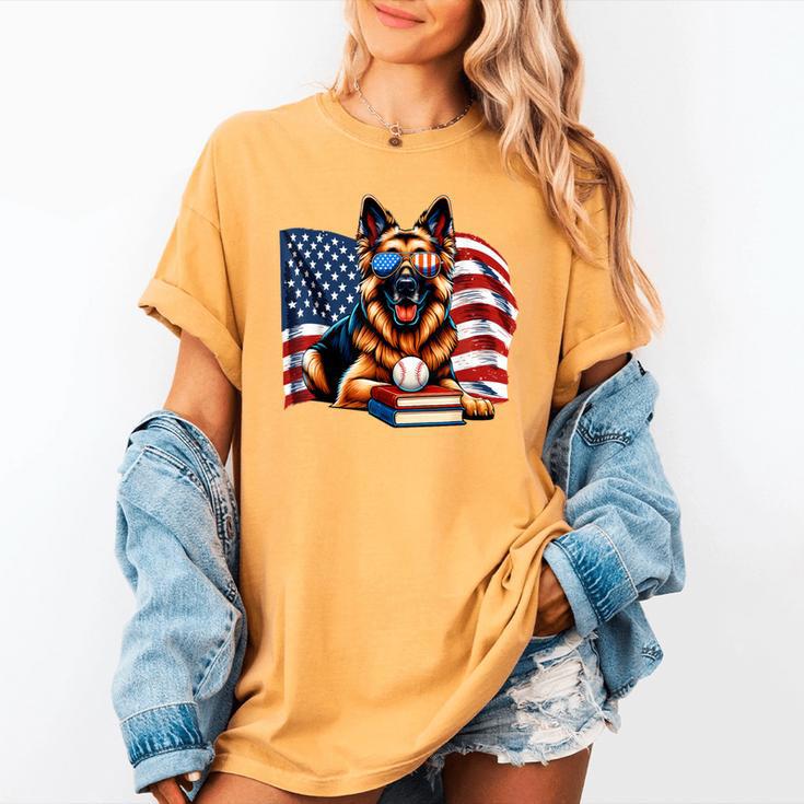 Patriotic German Shepherd Dog Books Baseball American Flag Women's Comfort Colors T-Shirt