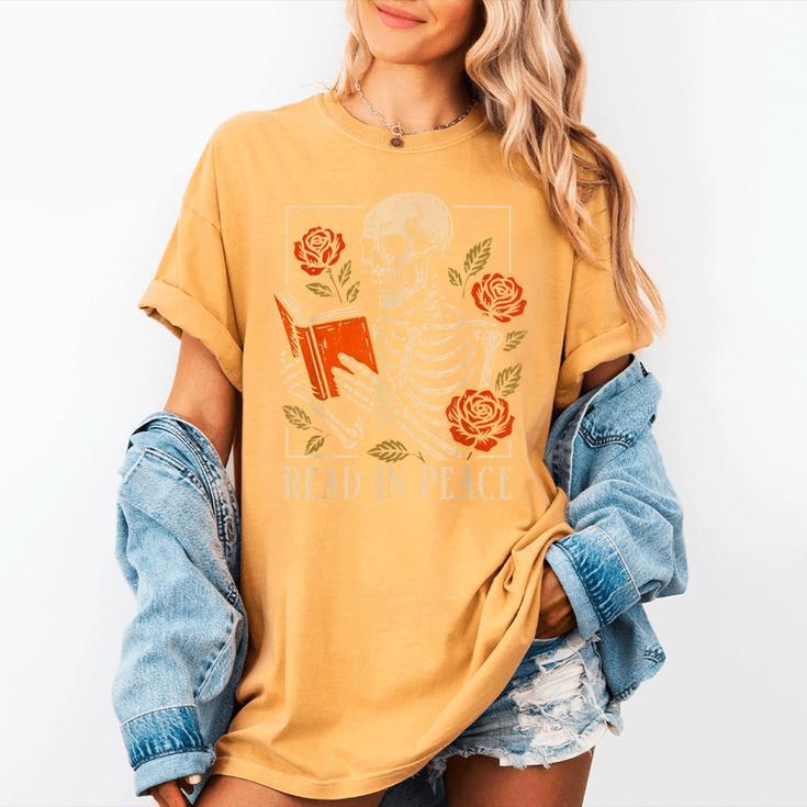 Read In Peace Skeleton Reading Book Halloween Teacher Women's Comfort Colors T-Shirt Read In Peace Skeleton Reading Book Halloween Teacher Women's Comfort Colors T-Shirt