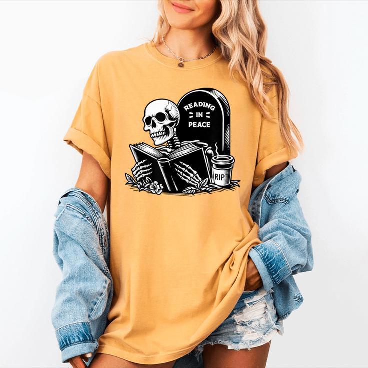 READING IN PEACE RIP Introvert Skeleton Read Book Meme Women's Comfort Colors T-Shirt READING IN PEACE RIP Introvert Skeleton Read Book Meme Women's Comfort Colors T-Shirt