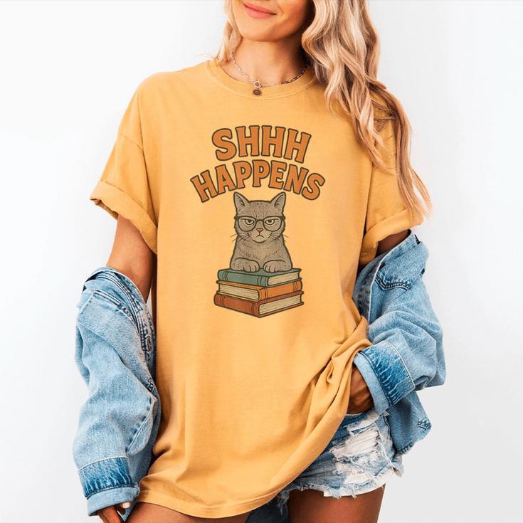 SHHH Happens Librarian Cat Books Library Women's Comfort Colors T-Shirt