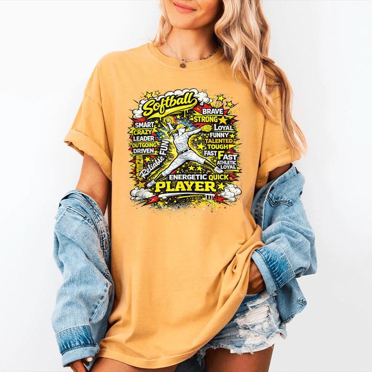 Softball Pitcher Best Traits Brave Retro Pop Comic Book Art Women's Comfort Colors T-Shirt Softball Pitcher Best Traits Brave Retro Pop Comic Book Art Women's Comfort Colors T-Shirt