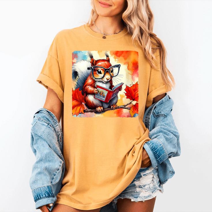 Squirrel Reading Comic Book On Autumn Branch Glasses Leaves Women's Comfort Colors T-Shirt
