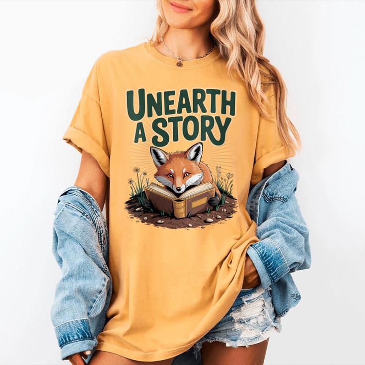 Unearth A Story Fox Reads a Book Women's Comfort Colors T-Shirt Unearth A Story Fox Reads a Book Women's Comfort Colors T-Shirt